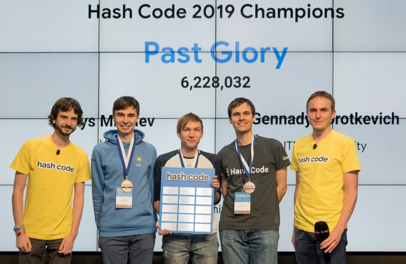 Niyaz Nigmatullin, Boris Minaev, and Gennady Korotkevich at Google Hash Code 2019.