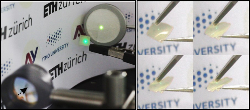 On the left: an infrared beam is passing through the invented visualizer, after which it falls onto a commercial nontransparent analogue. On the right: demonstration of the visualizer’s high flexibility in the operation mode. Credit: Photo from article